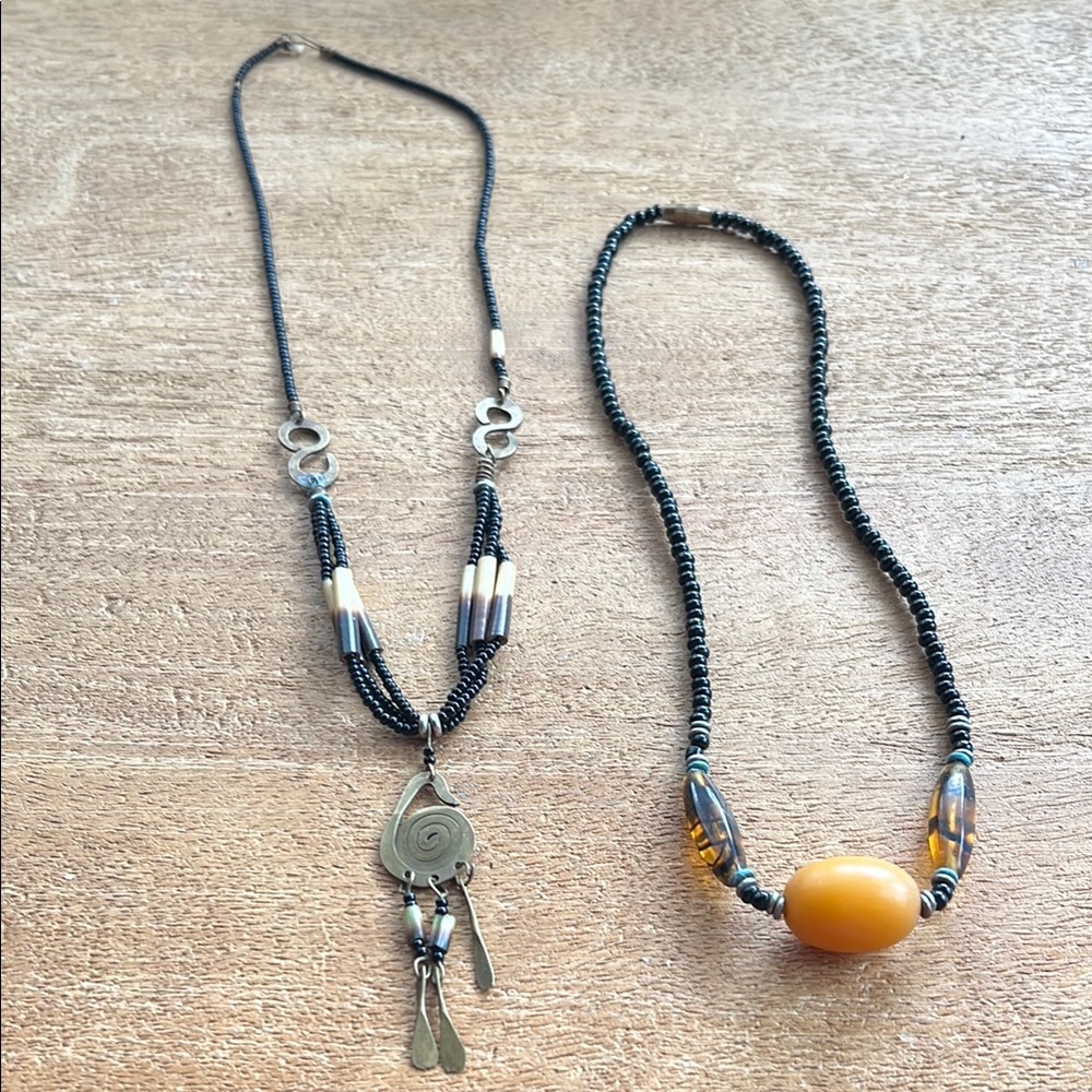Two Vintage Made in Africa Tribal Black Brown Gold Amber Beaded Necklaces